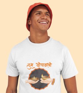 Shubh dipawali text printed diwali themed unisex round neck blended white t-shirt specially for diwali festival