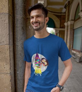 Rocket cracker printed diwali themed unisex round neck blended blue t-shirt specially for diwali festival